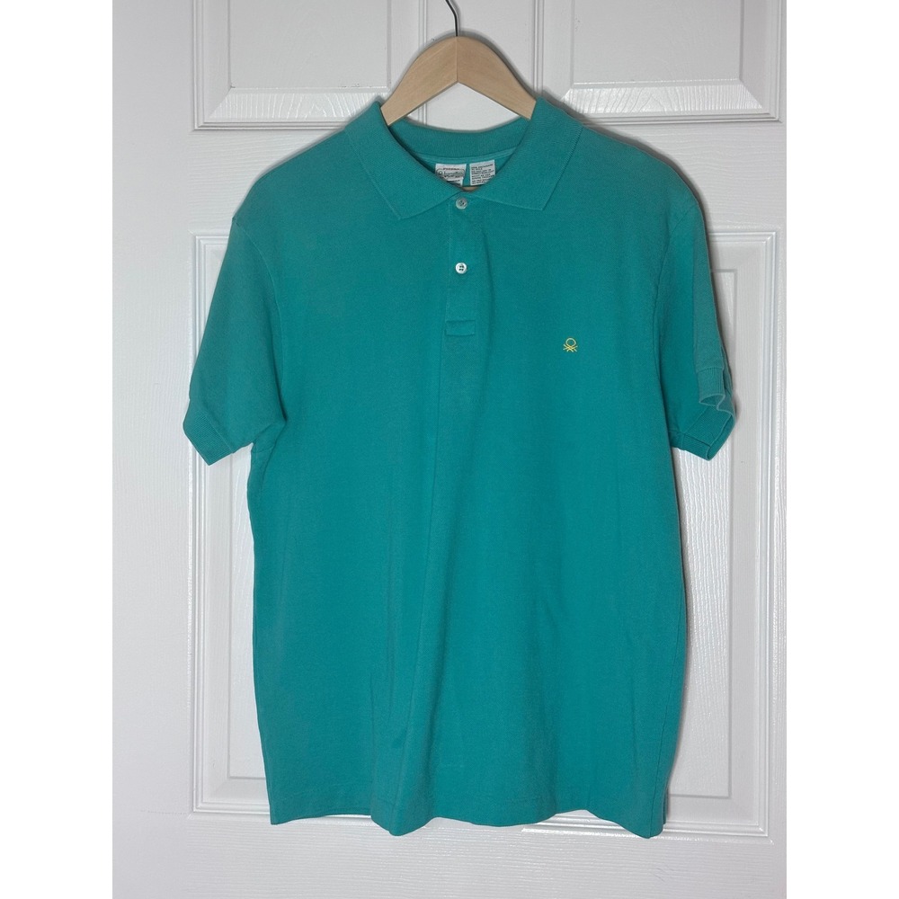 Benetton Polo Shirt‎ Mens XL Teal Cotton Short Sleeve Button Up Logo